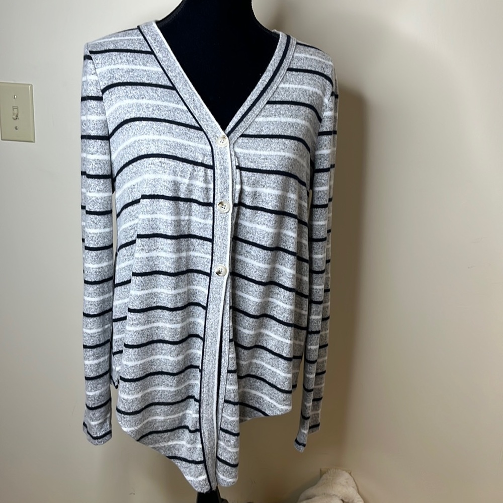 Hem & Thread Size M gray,white, navy striped cardigan. Very soft.